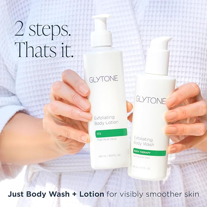 Glytone KP Kit – Exfoliating Body Wash, Glycolic Acid Lotion & Shower Pouf for Keratosis Pilaris – Smooth Rough Bumpy Skin, Fragrance-Free Skincare Routine for Dry Skin & Chicken Skin – Routine Kit