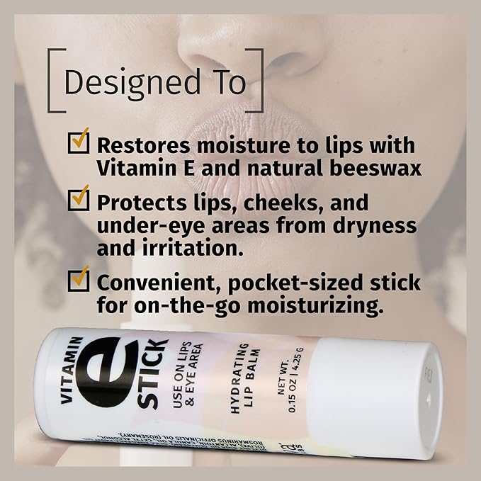 Reviva Labs Vitamin E Stick - Hydrating Lip Balm for Chapped Lips & Under Eye Care - Moisturizing with Beeswax, Shea Butter & Allantoin - Vitamin E Lip Balm for Men & Women