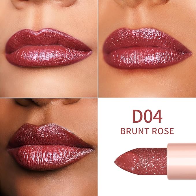 Oulac Shimmer Lipstick for Women, Infinity High Shine Finish, Hydrating Lip Color Infused with Damask Rose Oil for All-Day Comfort, Gluten-Free Vegan Beauty, D04 Brunt Rose
