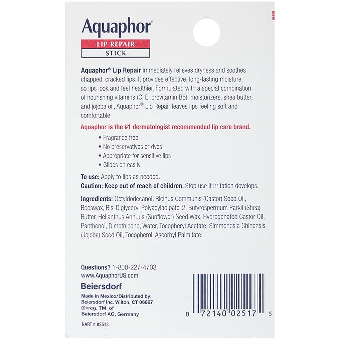 Aquaphor Lip Repair Stick with Jojoba Oil and Shea Butter, Moisturizing Lip Balms, Fragrance Free and Paraben Free, Immediately Relieves Dryness, 0.17 Oz Stick, Pack of 4