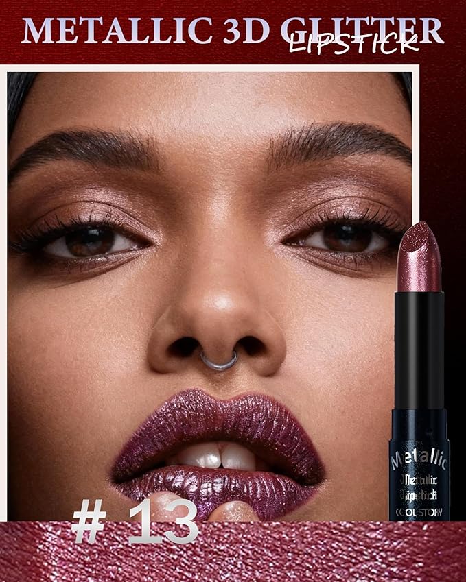 Glitter Wine Red Metallic Lipstick for Women,Long Lasting Shimmer Sparkling Diamond Lipstick Glitter High Pigmented Lip Gloss Metallic Matte Nude Lip Color Stain Waterproof Halloween Lips Makeup-13