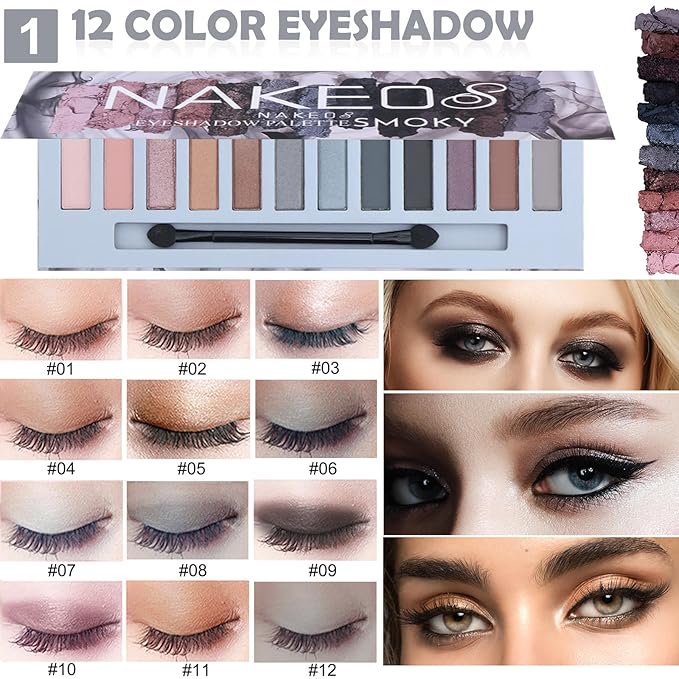 All in One Makeup Kit for Women-Full Professional Kit With 12 Color Eyeshadow, Foundation, Lipsticks, Eyeliner, Blush, Eyebrow Soap, Makeup Brush, Makeup Gift Set for Women Teens (Cool Grey)
