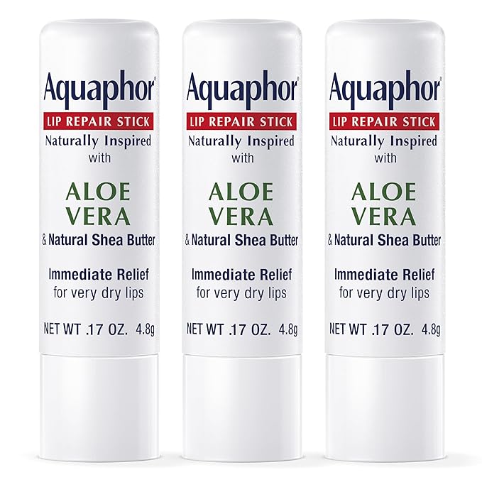 Aquaphor Naturally Inspired Lip Repair Stick with Aloe Vera and Natural Shea Butter, Hydrating Lip Balm Immediately Relieves Dryness and Soothes Chapped Lips, 0.17 Oz Stick, Pack of 3