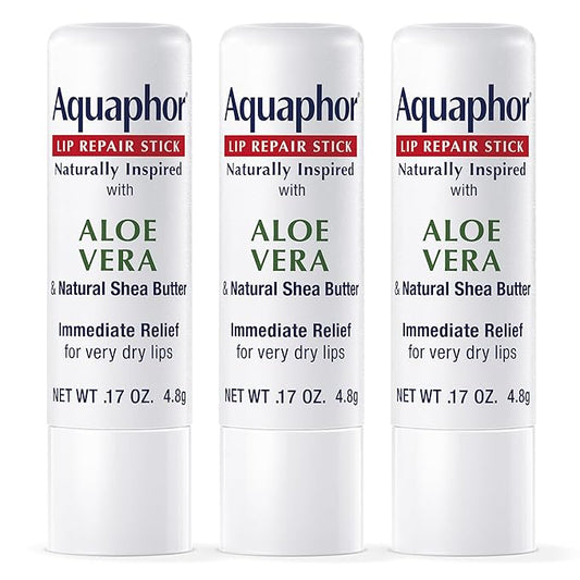 Aquaphor Naturally Inspired Lip Repair Stick with Aloe Vera and Natural Shea Butter, Hydrating Lip Balm Immediately Relieves Dryness and Soothes Chapped Lips, 0.17 Oz Stick, Pack of 3