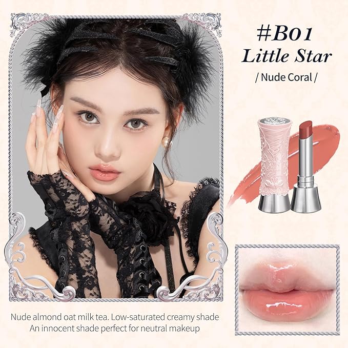 Flower Knows Swan Ballet Shine Lipstick,Hydrating Solid Lip Gloss,Moisturizing Nude peachy Tinted Lip Balm-Long Lasting Lip Gloss in Balm for Girls&Women(B01 Little Star)