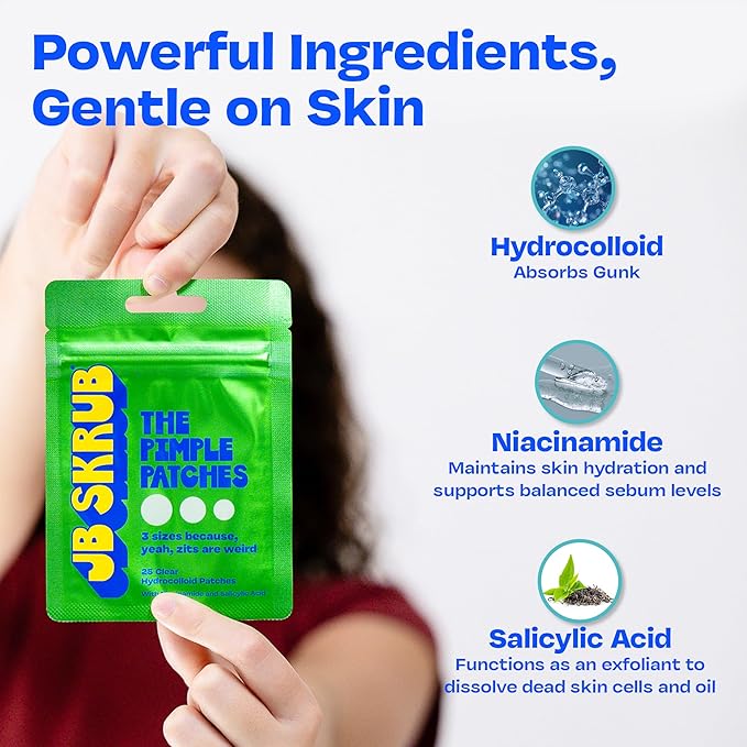 JB SKRUB The Pimple Patches for Face, Ultra Discreet Clear Hydrocolloid Patches with Salicylic Acid & Niacinamide, Skin Care for Kids & Teens - 3 Packs of 25 Small, Medium & Large Spots