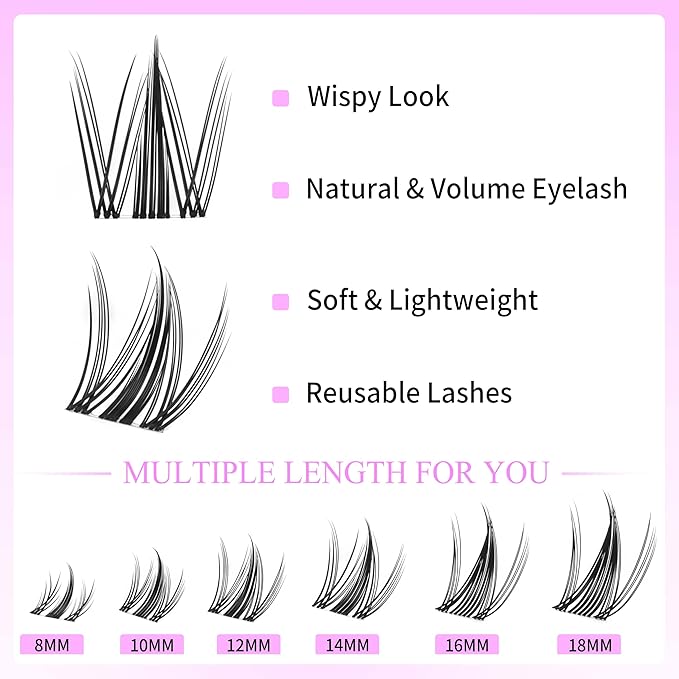 VEYESBEAUTY Lash Clusters Eyelash Extensions Thin & Invisible Band DIY Individual False Eyelashes Newbie's Five-Second Series Wispy Lash Tray for Self-application, Manga Lashes 8-16mm Mixed Length