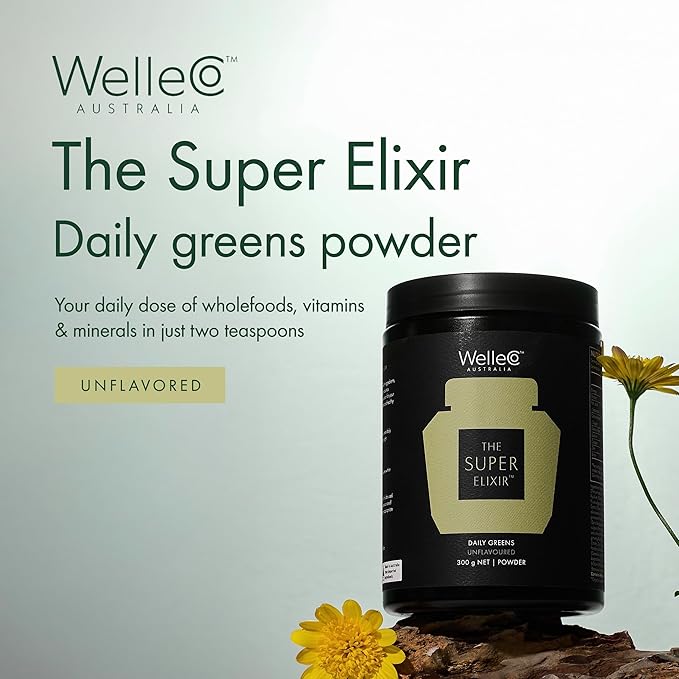 WelleCo The Super Elixir, Daily Greens Powder with Probiotics, Superfoods & Whole Foods, Unflavored Drink Mix for Gut Health, Immunity, Energy, Skin & Hair, 10.5oz Jar