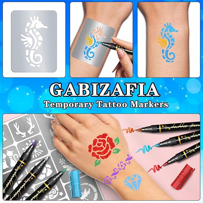 Temporary Tattoo Markers for Skin, 12 Metallic Markers Assorted Colors + 160 Tattoo Stencils for Kids Adults Women Men Body Marker Set