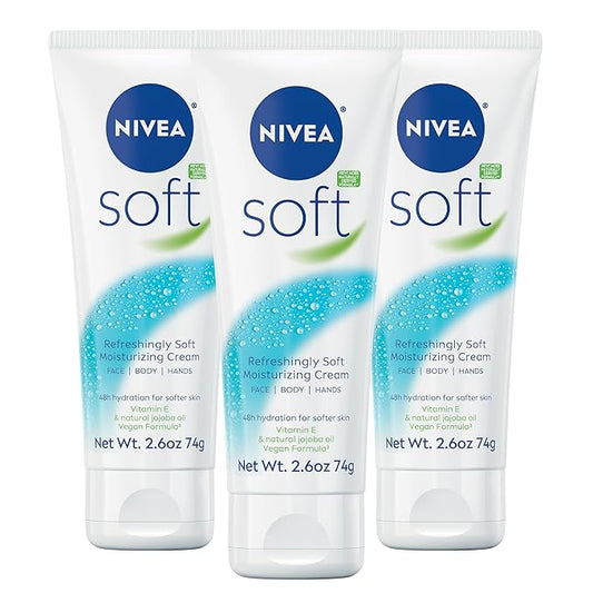 NIVEA Soft Refreshingly Soft Moisturizing Cream, Lightweight Moisturizer for Face, Body and Hands, Body Cream Enriched with Jojoba Oil and Vitamin E, 2.6 Oz Tube, Pack of 3