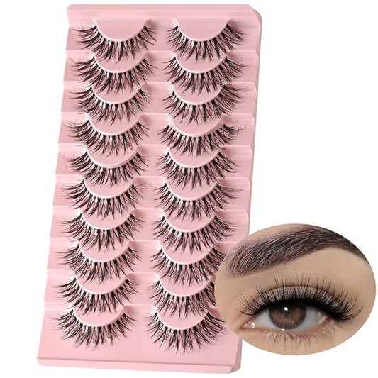 FARRED False Eyelashes Cat Eye Lashes Natural Fake Strip Eyelashes Invisible Band Mink Eyelash Strips Wispy Full Volume Pack 10 Pairs 8-14 mm Short Demi Wispies Pestañas Postizas