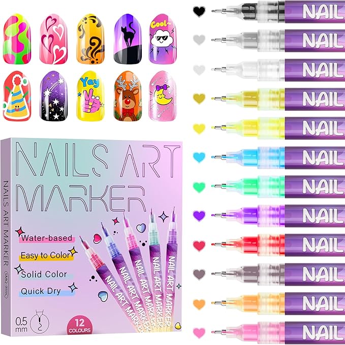 EarTycoon 12 Colors Nail Art Pens Set, Fine Tip 0.5mm, Portable Nail Art Tools for Home Salon, for Beginners and Veterans, DIY Decoration for Adult, for Christmas Gifts(12pcs)