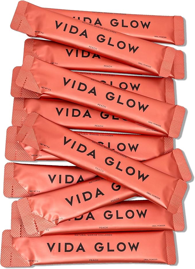 Vida Glow Marine Collagen Powder - Anti Aging Supplement with Collagen Peptides, Promotes Glowing Skin, Strong Nails, Healthy Hair | 30 Servings, Peach Flavor