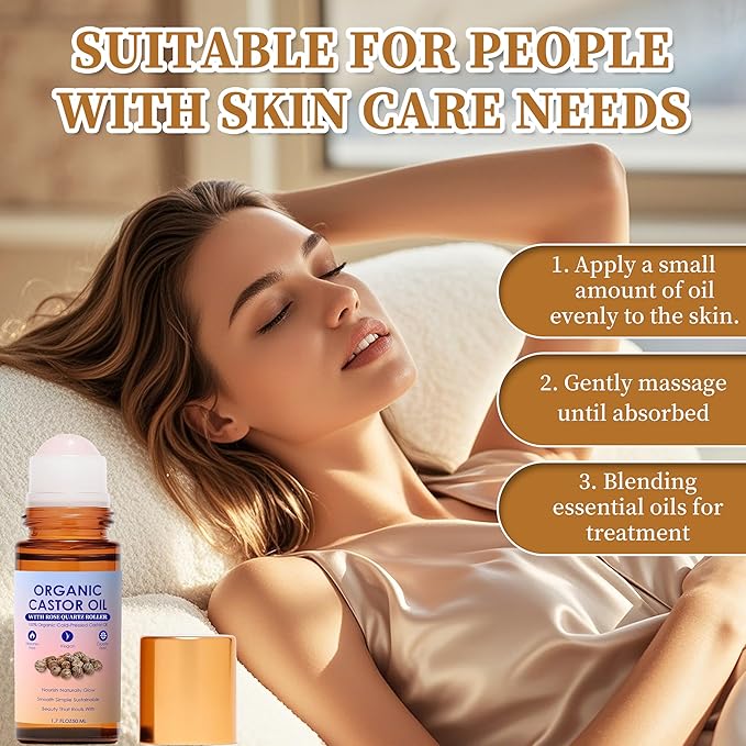2-Pack Organic Golden Castor Oil Roller Ball Essential Oil, 100% Pure Natural, Holistic Goddess Frankincense and Castor Oil Suitable for Skin, Rose Quartz, Deep Moisturizing, Cold Pressed, 1.7 Fl Oz