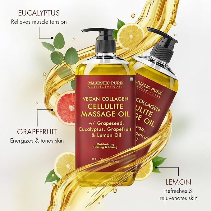 Majestic Pure Firming Body Massage Oil with Collagen – Helps Smooth The Appearance of Cellulite & Improve Skin Texture – Refreshing Aromatherapy Body Oil for Legs & Full Body – 8 Fl Oz Pack of 2