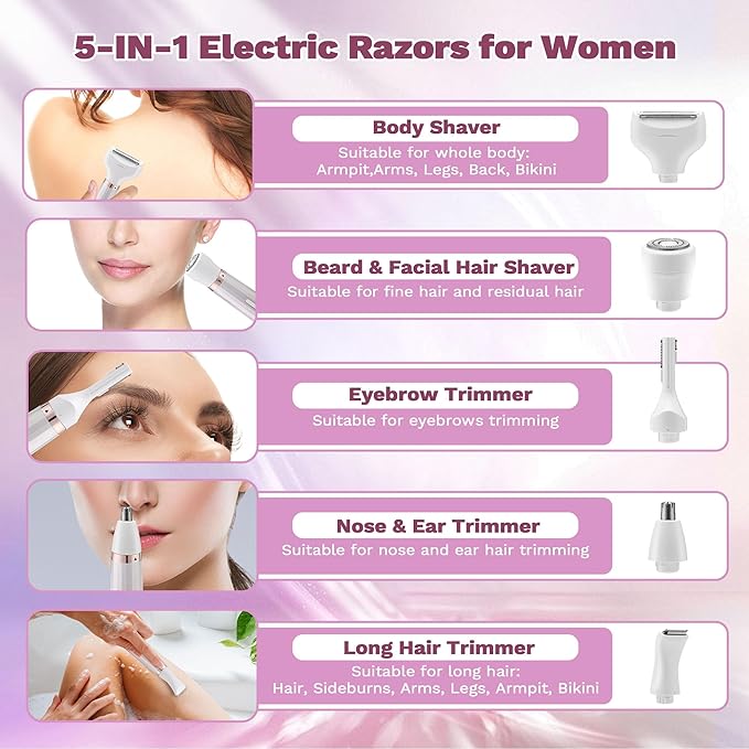 Electric Razors for Women, 5 in 1 Bikini Trimmer for Women, Wet/Dry Womens Electric Shaver Razor, Face Shaver for Face Nose Eyebrow Arms Armpit Legs Pubic Area, Facial Hair Removal