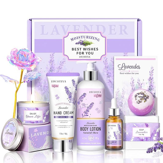 Lavender Spa Bath and Body Gift Set - Relaxing Self Care Baskets for Women - Birthday Gifts for Her, Sister, Mom, Wife