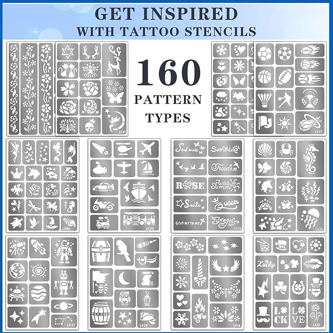 Temporary Tattoo Markers for Skin, 12 Metallic Markers Assorted Colors + 160 Tattoo Stencils for Kids Adults Women Men Body Marker Set