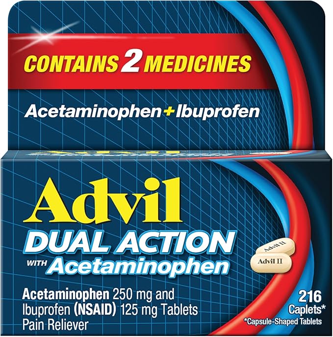 Advil Dual Action Coated Caplets, 125 Mg Ibuprofen and 250 Mg Acetaminophen per Dose (2 Dose Equivalent) for 8 Hour Pain Relief - 216 Count