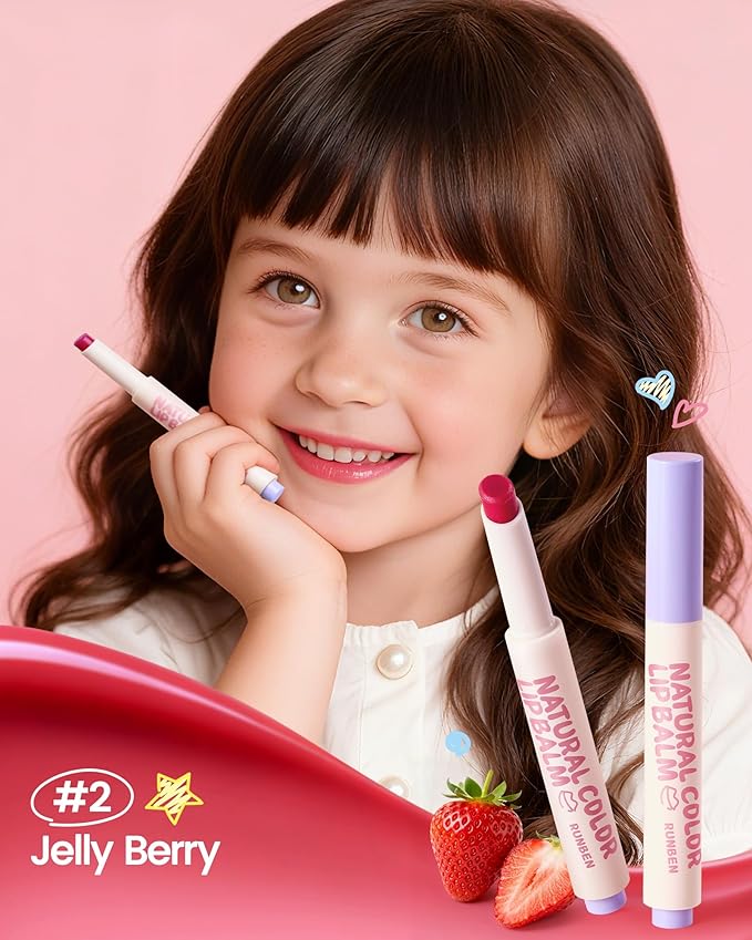 RUNBEN Kids Tinted Lip Balm, Jelly Berry Lipstick, 24H Moisturizing, Safe & Non-toxic Lip Gloss for Kids & Teen, Christmas Makeup Gift for Girls, 2g