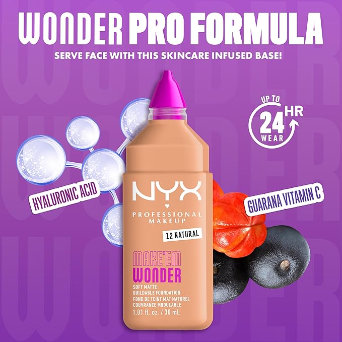 NYX PROFESSIONAL MAKEUP Make 'Em Wonder Liquid Foundation, 24HR Foundation Makeup With A Soft Matte Finish, Buildable Full Coverage - 12 Natural