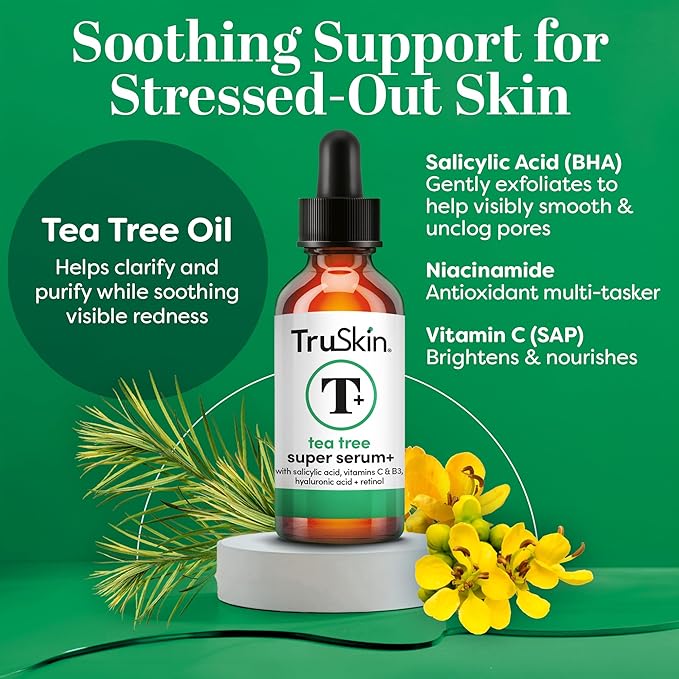 TruSkin Tea Tree Oil Acne Treatment Serum for Face – Salicylic Acid, Niacinamide, Vitamin C & Retinol – Clarifying Super Facial Serum for Acne-Prone Skin & Pores, 2 Oz