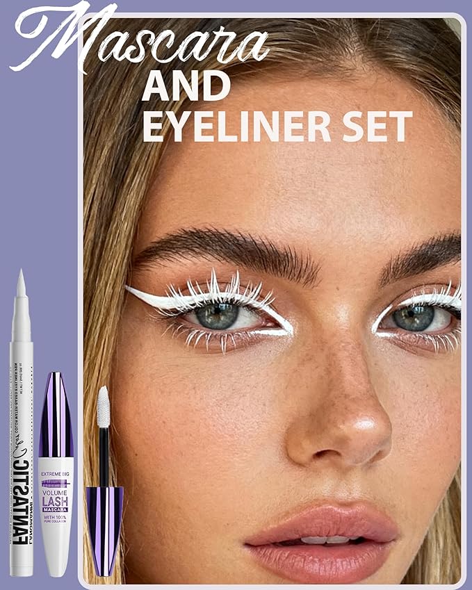 Waterproof White Mascara&Liquid Eyeliner Pen Set,Volumizing Colored 5D Fiber Mascara for Eyelash Volume and Length Máscara,Longlasting Smudgeproof Matte Color Eye Liner Pencil Women Party Stage Use