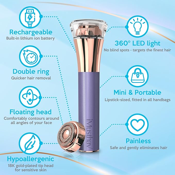 iMusthav Facial Hair Remover for Women | 18K Gold 20mm Dual Ring Head | 360° LED Light USB Rechargeable