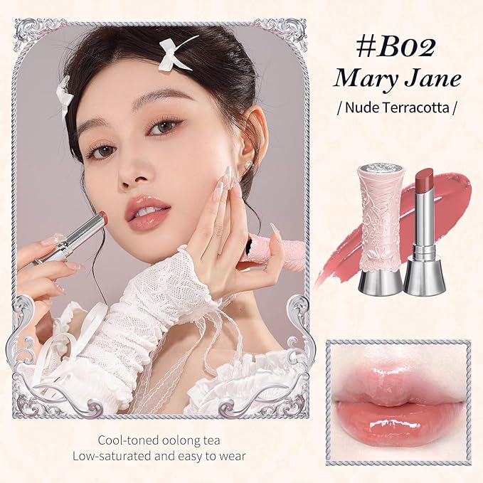 Flower Knows Swan Ballet Shine Lipstick,Hydrating Solid Lip Gloss,Moisturizing Nude peachy Tinted Lip Balm-Long Lasting Lip Gloss in Balm for Girls&Women(B02 Mary Jane)