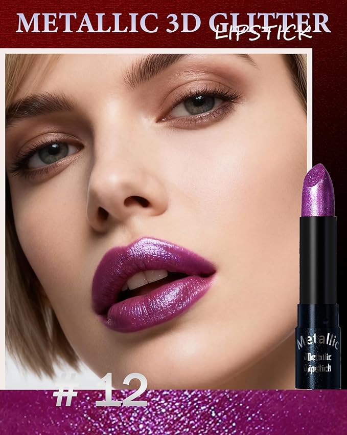 Glitter Dark Purple Metallic Lipstick for Women,Long Lasting Shimmer Sparkling Diamond Lipstick Glitter High Pigmented Lip Gloss Metallic Matte Red Lip Color Stain Waterproof Halloween Lips Makeup-12