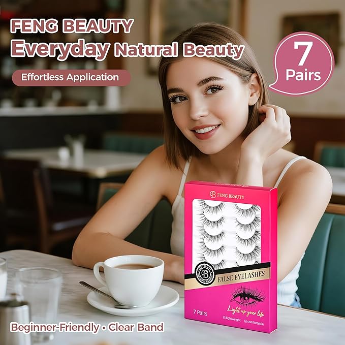 Clear Band Natural False Eyelashes – Lightweight Wispy Lash Strips for Daily Wear, Invisible Band Natural Cat Eye Look, 7 Pairs Reusable