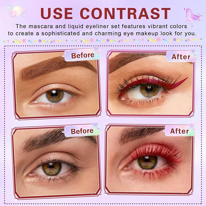 Burgundy Mascara and Eyeliner Set 5D Red Mascara for Eyelashed, Volumizing Curling Defining Eye Lashes, Long-Lasting Waterproof Red Eyeliner