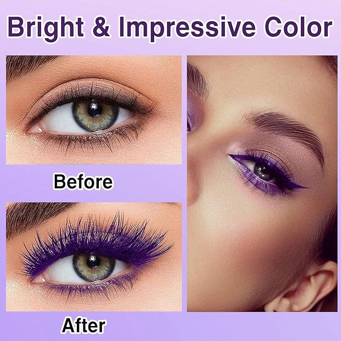 Purple Mascara and Eyeliner Set, 5D Colored Volume and Length Waterproof, Purple Mascara for Eyelashes, Natural Lengthening Curling, Suitable for All Skin Types