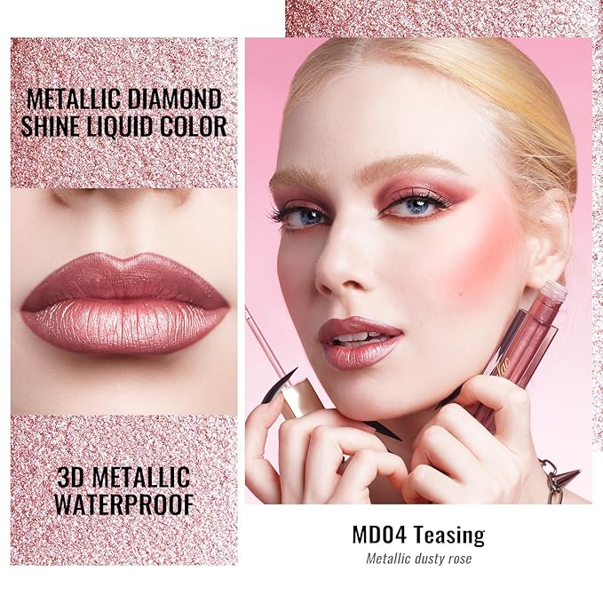 Oulac Metallic Liquid Lipstick - Mauve Pink Lip Gloss for Women, Shimmer Lip Makeup, Long Lasting Waterproof, High Impact Lip Color, Oil-Based Formula, Transfer Proof, Vegan MD04