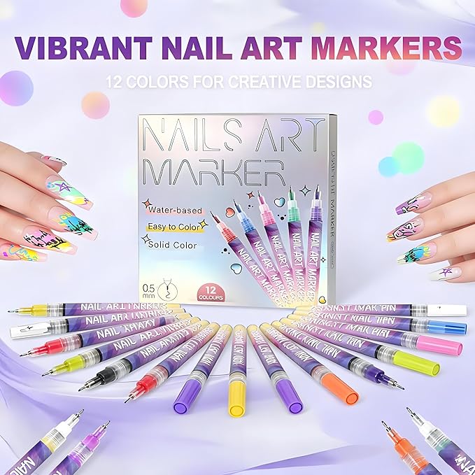 12 Colors Nail Art Pens Set,Nail Art Markers for Gel Nails,Fine Tip Nail Art Pen 0.5mm,Drawing Painting Liner Brush for DIY Nail Art Drawing Painting Tools (B-2 Sets)