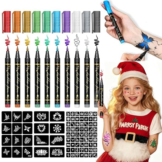 SkinCraft - Safe Temporary Tattoo Pens, Skin Craft Tattoo Markers, 10 Vibrant Colors Body Markers with Reusable Stencils, Skin-Friendly Waterproof Face Paint for Kids Teens Adults Party (1Pcs)