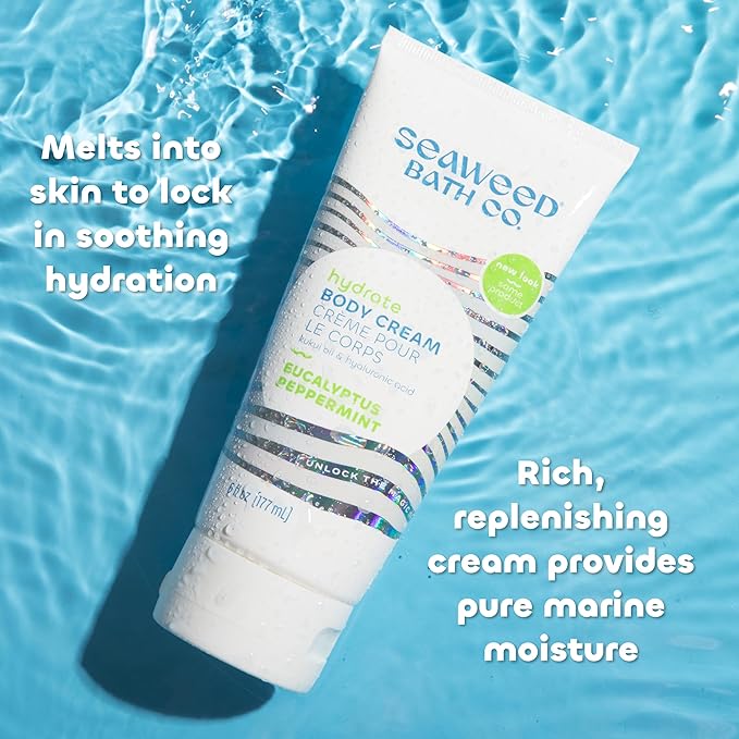 Seaweed Bath Co. Hydrate Body Cream - Eucalyptus Peppermint - Hydrating Scented Moisturizer for Body and Hands - With Vitamin E, Hyaluronic Acid and Shea Butter for Dry Skin - 6 oz