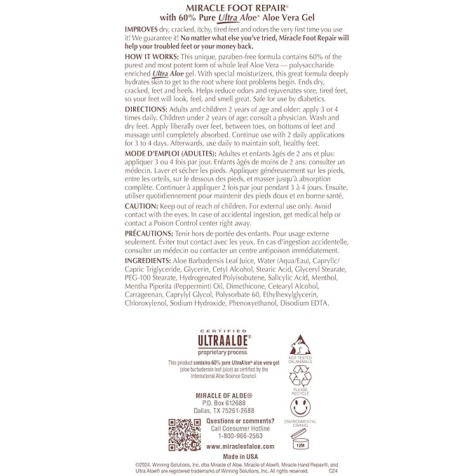 Miracle Foot Repair Cream, 4 oz Repairs Dry Cracked Heels and Feet, Diabetic-Safe, 60% Pure Ultra Aloe Moisturizes, Softens, and Repairs, Relief from Discomfort of Ingrown Toenails (2-Pack)