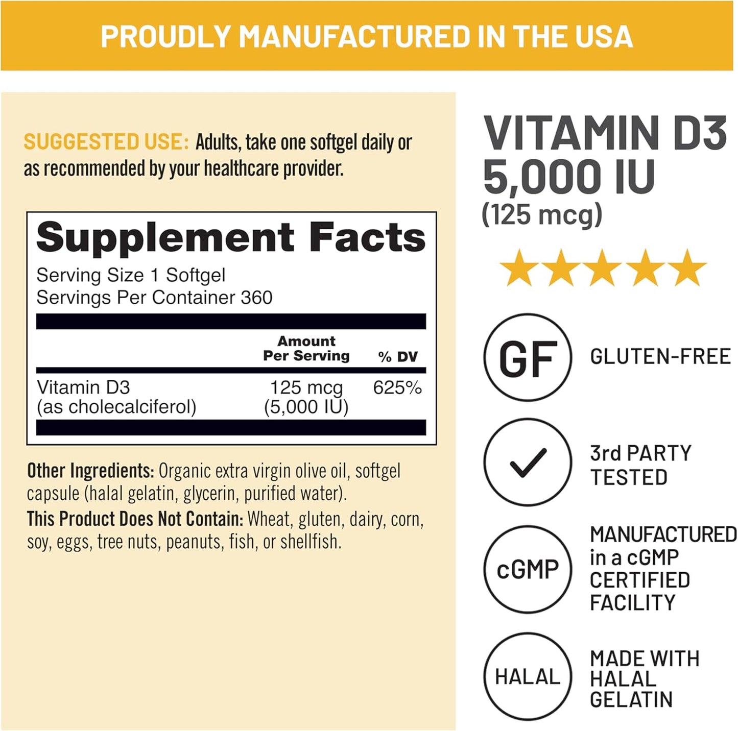 Vitamin D3 5000Iu (125 Mcg) 1 Year Supply for Immune Support, Healthy Muscle Function, and Bone Health - Non-Gmo, Gluten Free in Organic Extra Virgin Olive Oil, (Mini Softgel), 360 Count