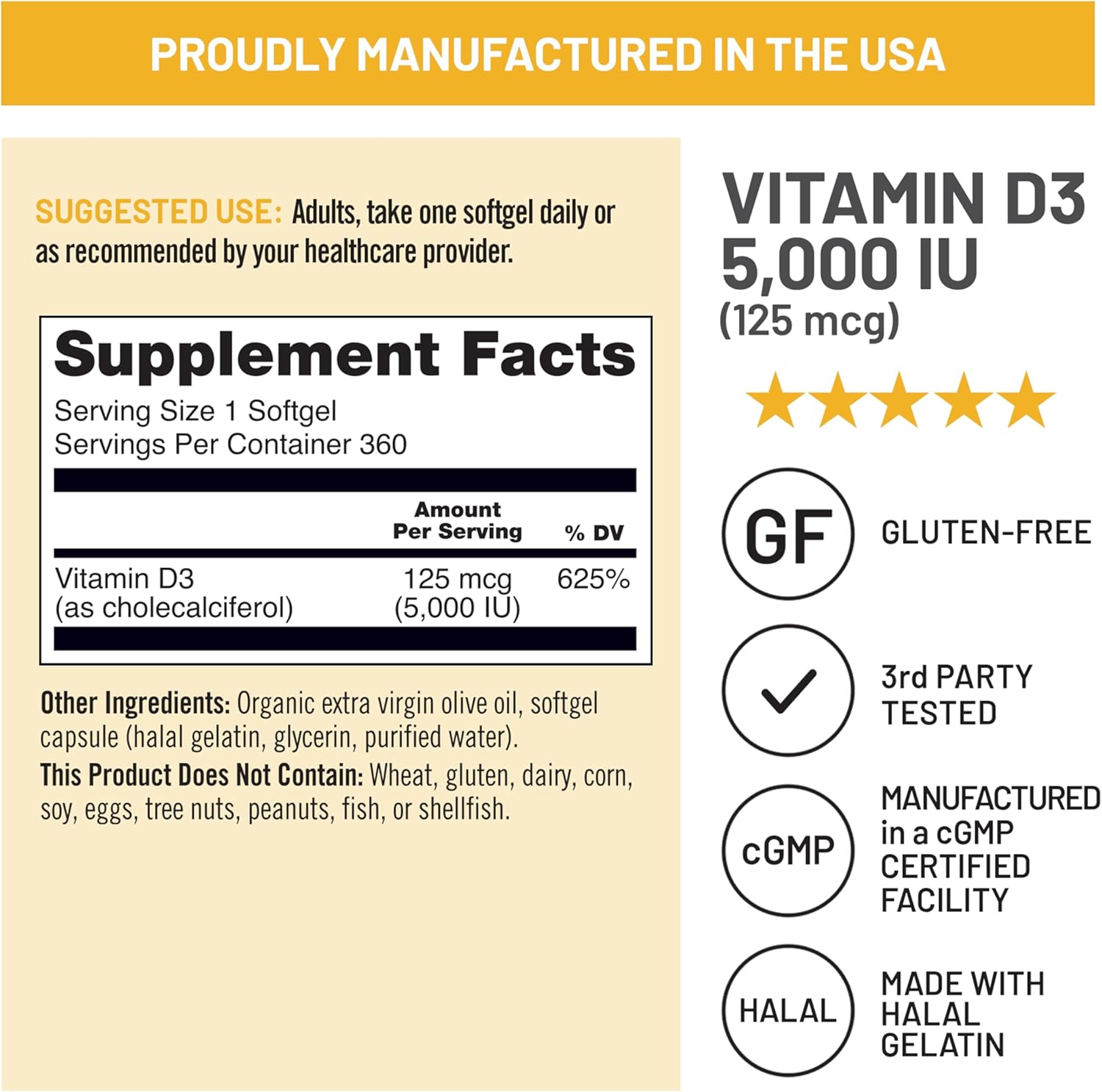 Vitamin D3 5000Iu (125 Mcg) 1 Year Supply for Immune Support, Healthy Muscle Function, and Bone Health - Non-Gmo, Gluten Free in Organic Extra Virgin Olive Oil, (Mini Softgel), 360 Count
