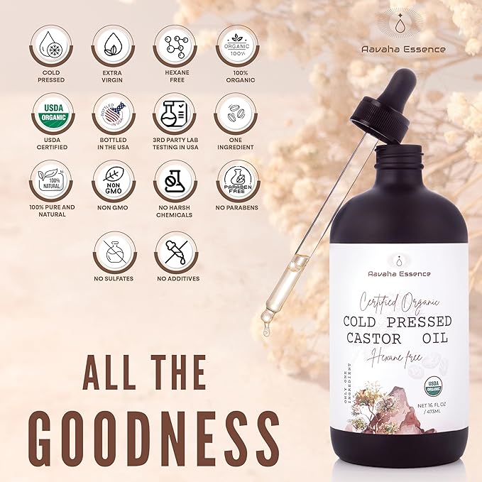 Aavaha Essence Organic Castor Oil – Cold-Pressed, Hexane-Free, 100% Pure & USDA Certified – Cold Pressed Oil for Hair, Skin, Eyelashes & Brows – 16 oz Glass Bottle with Dropper + Mini Glass Roll-On