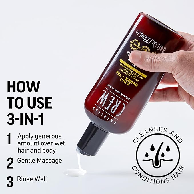 AMERICAN CREW 3-in-1 Ginger & Tea, Shampoo, Conditioner & Body Wash for Men, Hair Care Gift for Him, Revitalizing and Refreshing Fragrance, 33.8 fl oz
