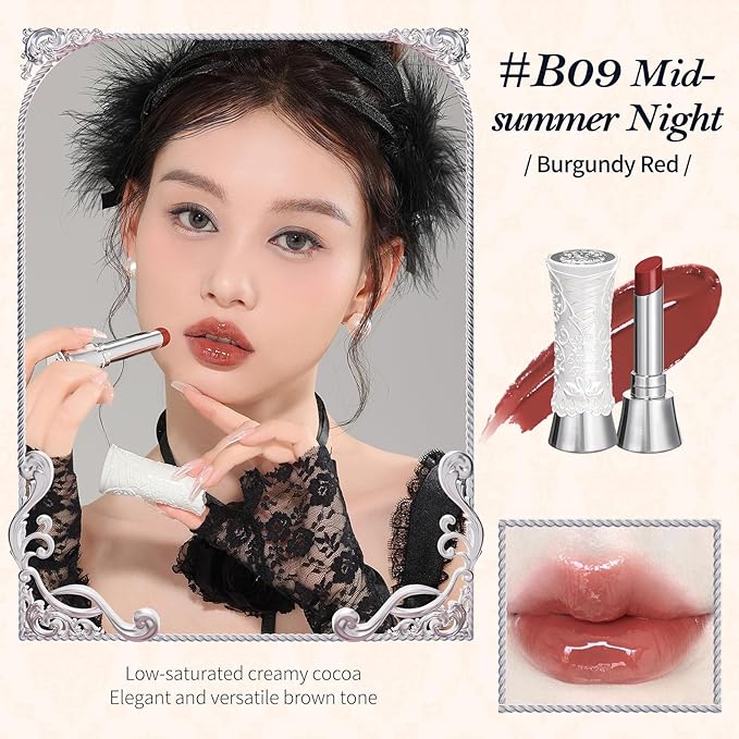 Flower Knows Swan Ballet Shine Lipstick,Hydrating Solid Lip Gloss,Moisturizing Red Tinted Lip Balm-Long Lasting Lip Gloss in Balm for Girls&Women(B09 Midsummer Night)