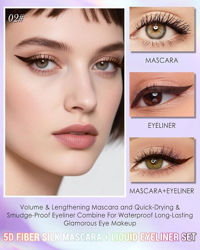 Brown Mascara Liquid Eyeliner Set, Update Longlasting Waterproof Color Eye Liner Pen, 5D Silk Fiber Colored Mascara Volume and Length, Christmas Party Stage Use Eye Makeup Gift Kit for Women Girl-02
