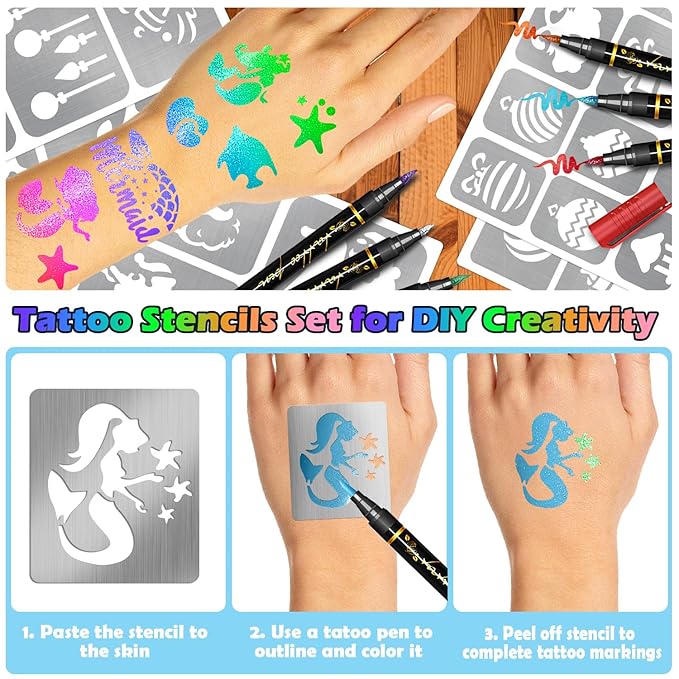 Mermaid Temporary Tattoo Markers for Kids, 8 Metallic Body Markers + 141 Large Face Paint Tattoo Stencils for Girls Boys Teens Adults Women Cosmetic Tattoos Pens DIY Body Art Set Party Favor