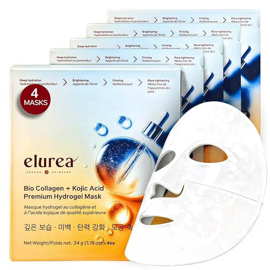 elurea Bio Collagen Mask + Kojic Acid Premium Hydrogel Face Mask (4 masks), Korean Mask for Luxury Beauty, Collagen Mask for Self Care, Korean Skincare, Hydrating Face Mask, Stocking Stuffers