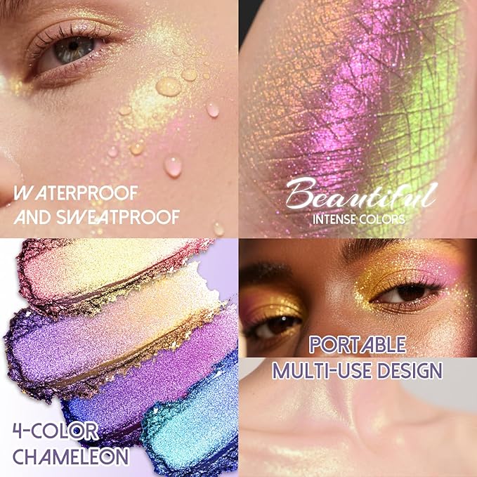 CHARMACY 4 Colors Chameleon Eyeshadow & Highlighter Palette - Shift-Infused Multichrome Pressed Pigments, Long-Lasting Velvet Finish, Vegan & Cruelty-Free Makeup Kit #02