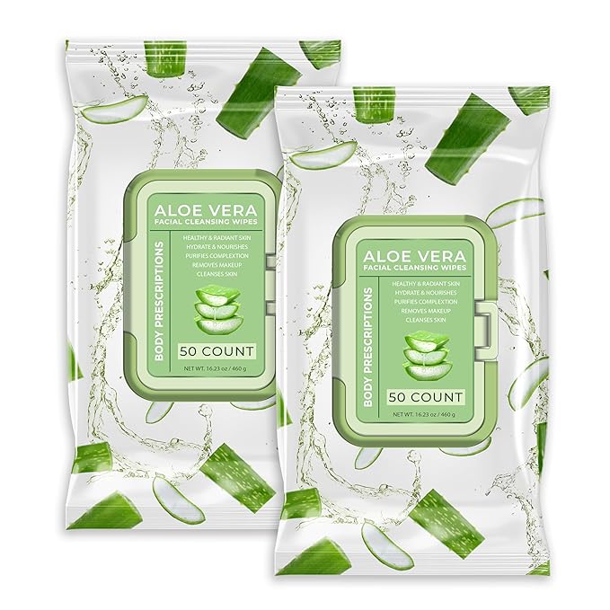 Body Prescription Makeup Cleansing Wipes - Gentle and Effective Face Wipes, 50 Count (Pack of 2), Aloe Vera