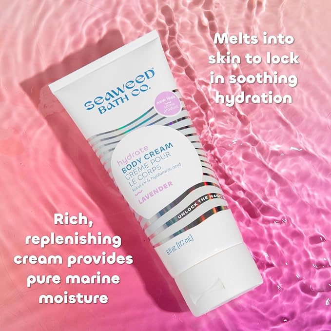 Seaweed Bath Co. Hydrate Body Cream - Lavender - Hydrating Scented Moisturizer for Body and Hands - With Vitamin E, Hyaluronic Acid and Shea Butter for Dry Skin - 6 oz