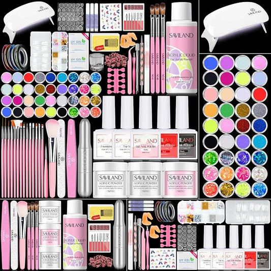 SAVILAND Acrylic Nail Kit with Drill and U V Light – Clear White Pink Acrylic Powder Black Red White Gel Nail Polish Nail Tools for Nail Art Gel Nails DIY